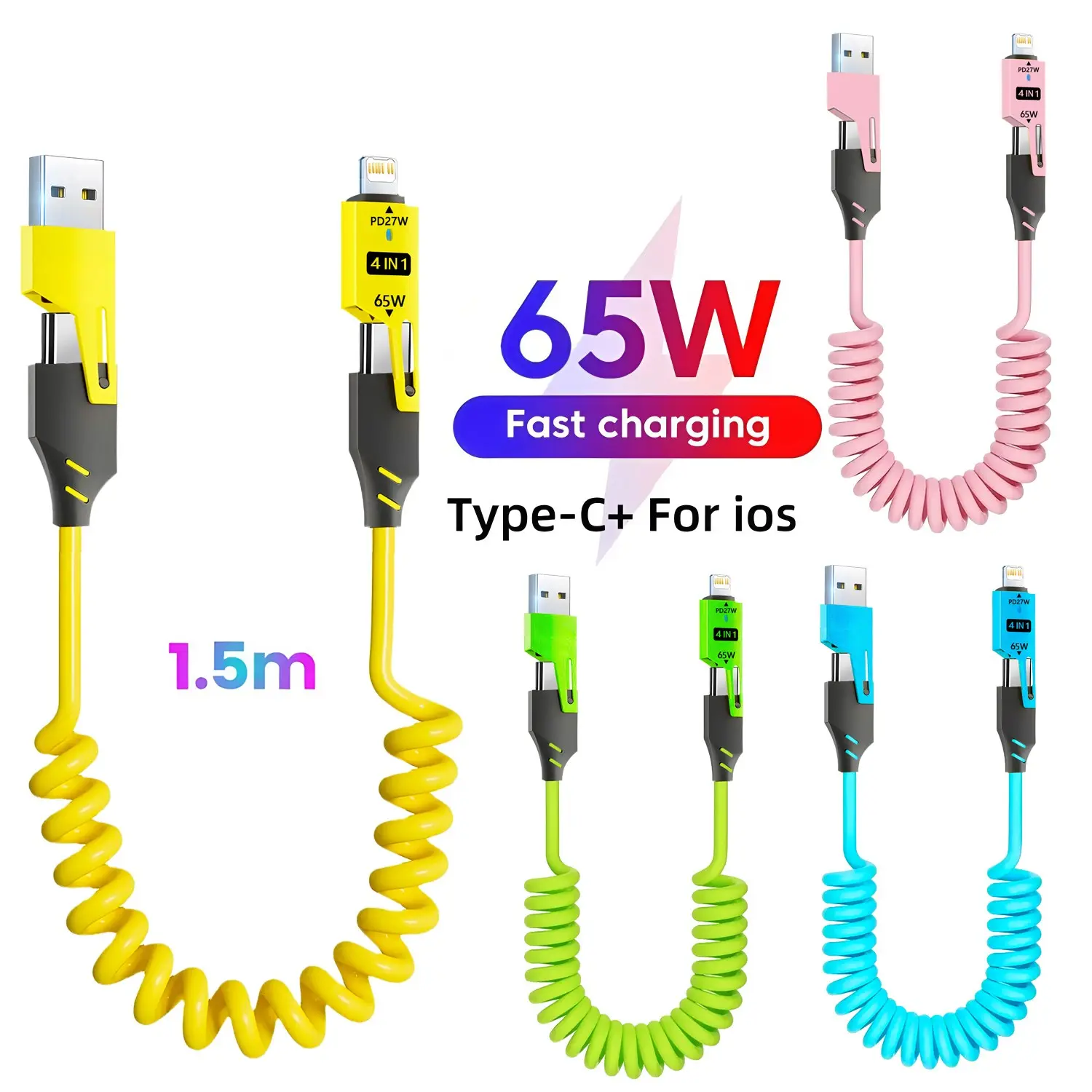 65w Spring Stretch 4-In-1 Multifunctional Super Fast Charging Cable, Fast Charging Cord, USB PD to iOS Type-C Interface, USB C Compatible, Portable Dual Port Data Line, PD USB-C Phone Charger, Smartphone