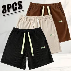 Men’s loose corduroy shorts, 3-pack — retro casual trendy style. Soft, breathable waffle-knit fabric that is skin-friendly, wrinkle-resistant, and durable. Elastic drawstring waistband fits a wide range of waist sizes. Minimalist label design enhances ove