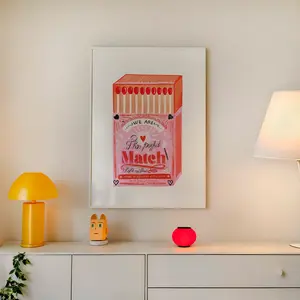 Perfect Match Wall Art | Pink Matchbox Poster | Love Art | Vintage Print Match Box | Girlfriend Gift | Anniversary Gift