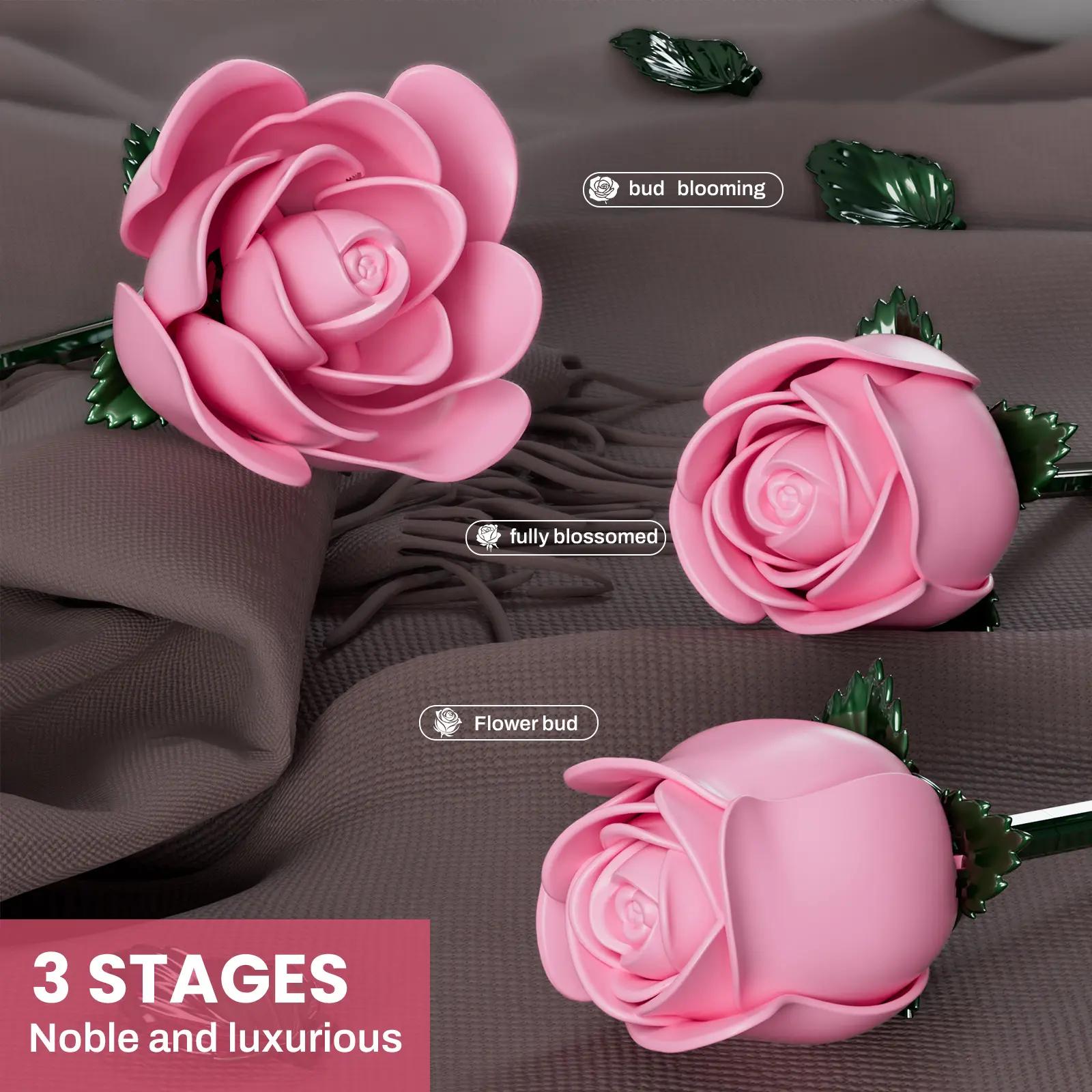 12-Stem Blooming Pink Rose Building Block Bouquet — DIY Assembly Kit for Adults — Deluxe Gift Box for Christmas & Valentine's Day — The Perfect Choice for Home & Office Decor model collectible metal easy assembly toy difficulty high brick
