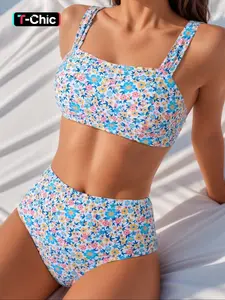 Summer Print Bikini Set, Girls Sleeveless Wireless Bra Top, High Waist Triangle Beach Shorts, Casual Ditsy Floral Swimsuit, Swimwear Sets