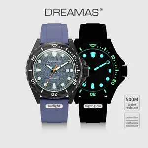 Carbon fiber gradient blue mechanical diving watch, 500 m water resistance, 3D luminous display, fluoro rubber strap