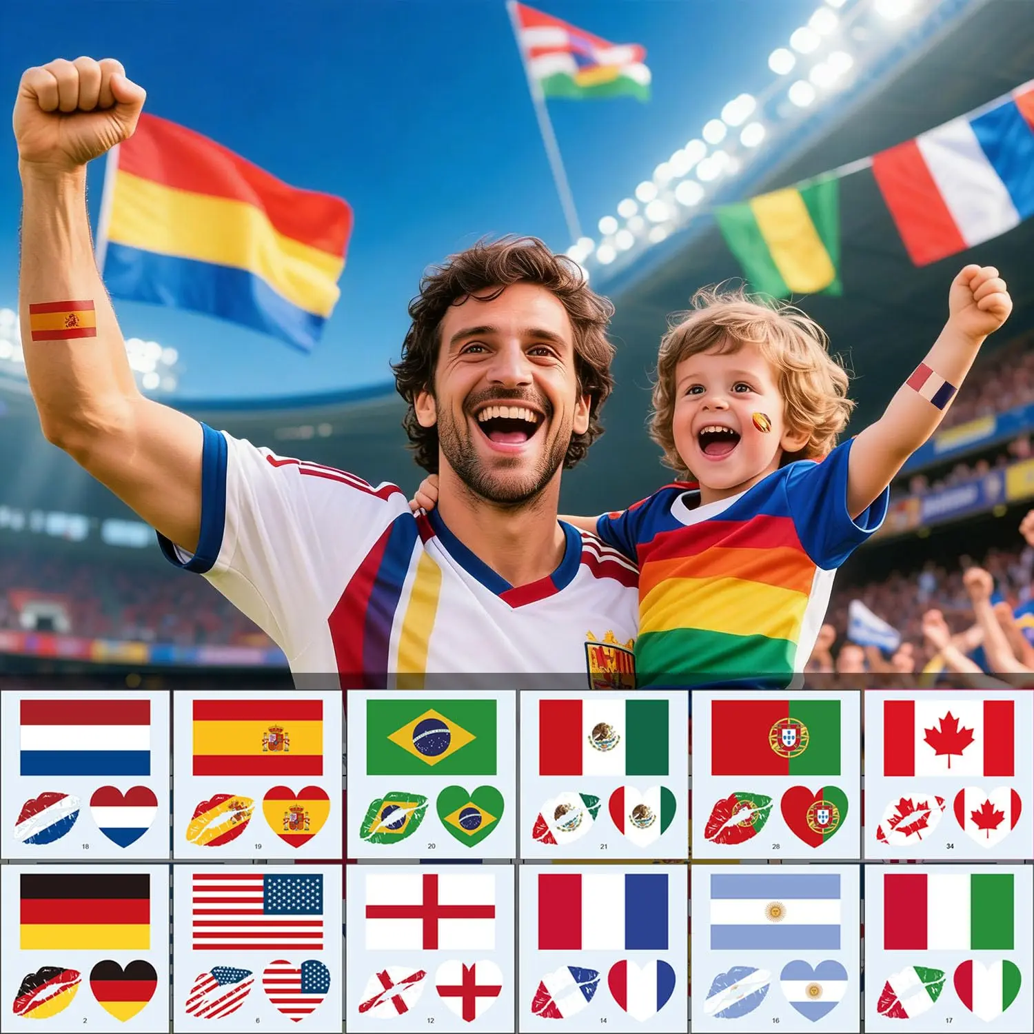 Car Interior Soccer Fan Face Self-Adhesive Stickers - 48pcs 2.5x2.5in National Flag Temporary Tattoos, Water-Resistant, Long-Lasting, Suitable for All Skin Types, Party Use