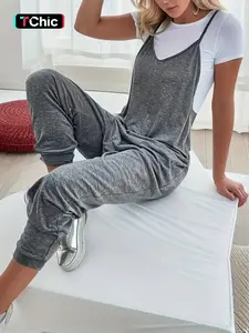 Women's Plain Pocket V Neck Overalls Jumpsuit without Tee, Casual Sleeveless Spaghetti Strap Cami Overalls Jumpsuit for Daily Wear, Everyday, Ladies Clothes for All Seasons, Womenswear