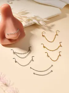 Nose Rings 20G Nose CZ Studs with Chain Stainless Steel Nose Piercing Jewelry Across Double CZ Nose Studs Nostril Piercing Jewelry Artificial Zircon