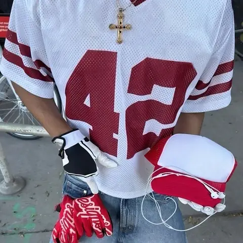 Retro 42 Breathable Mesh Jersey | Y2K street style, white and red cropped T-shirt, breathable workout top, Active Top, suitable for game day and casual wear, TikTok popular sports aesthetic