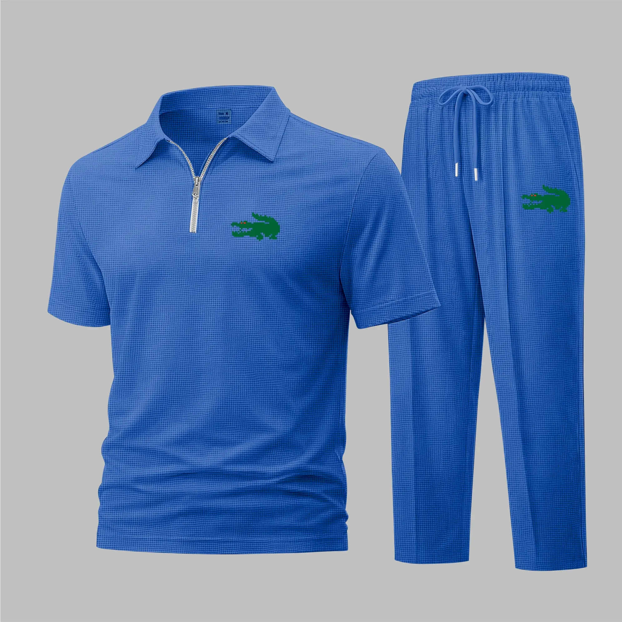Men’s Minimal Animal Logo Waffle Knit Polo Shirt and Pants Set – Small Animal Icon Print Short Sleeve Zip-Up Collar Polo and Jogger Set, Lightweight Breathable Comfortable Casual Sportswear for Travel, Daily Wear