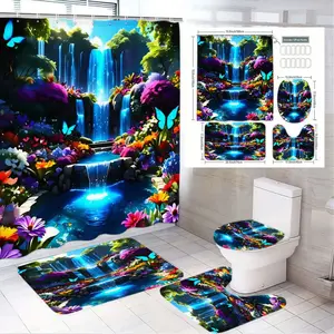 1/4pcs Waterfall Bathroom Curtain Set, Large Shower Curtain, Floral & Butterfly Design, Matching Toilet Seat Cover, Bidet Mat, Floor Mat, Nature Theme for Home Decor, Bathroom Decoration Accessories, Spring/Summer Bathroom Upgrade