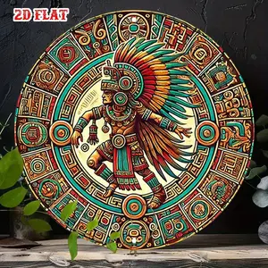 1pc 2D Plane, Mayan Calendar Aztec Warrior Metal Wall Decor - Ancient Mayan Culture Decoration with Tribal Design, Green, Red, Gold, Black - 19.99x 19.99cm Round Aluminum Sign Suitable for Home, Office, Coffee Shop, Garage - Historical Decoration and Educ