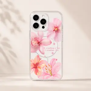 Girly Magnetic Smartphone Casing, Slim Fit Drop-Proof Cellphone Accessory for iPhone 11/12/13/14/15/16/17 Pro Max, Pink Lily Design, Perfect for Handheld Soft Girl Aesthetic Protection Cover