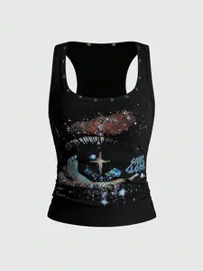 LUSHLACE x ROMWE Avant Spring/Summer Women's Kpop Retro Baddie Unisex Streetwear Starry Sky & Rivet Print Tank Top