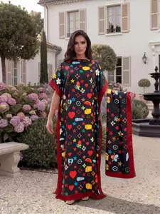 Fashionable Elegant Full-Body Print Robe Set, Moo Moo Long Dress + Headscarf Scarf, Women's Beach Sun Protection Silk Shawl