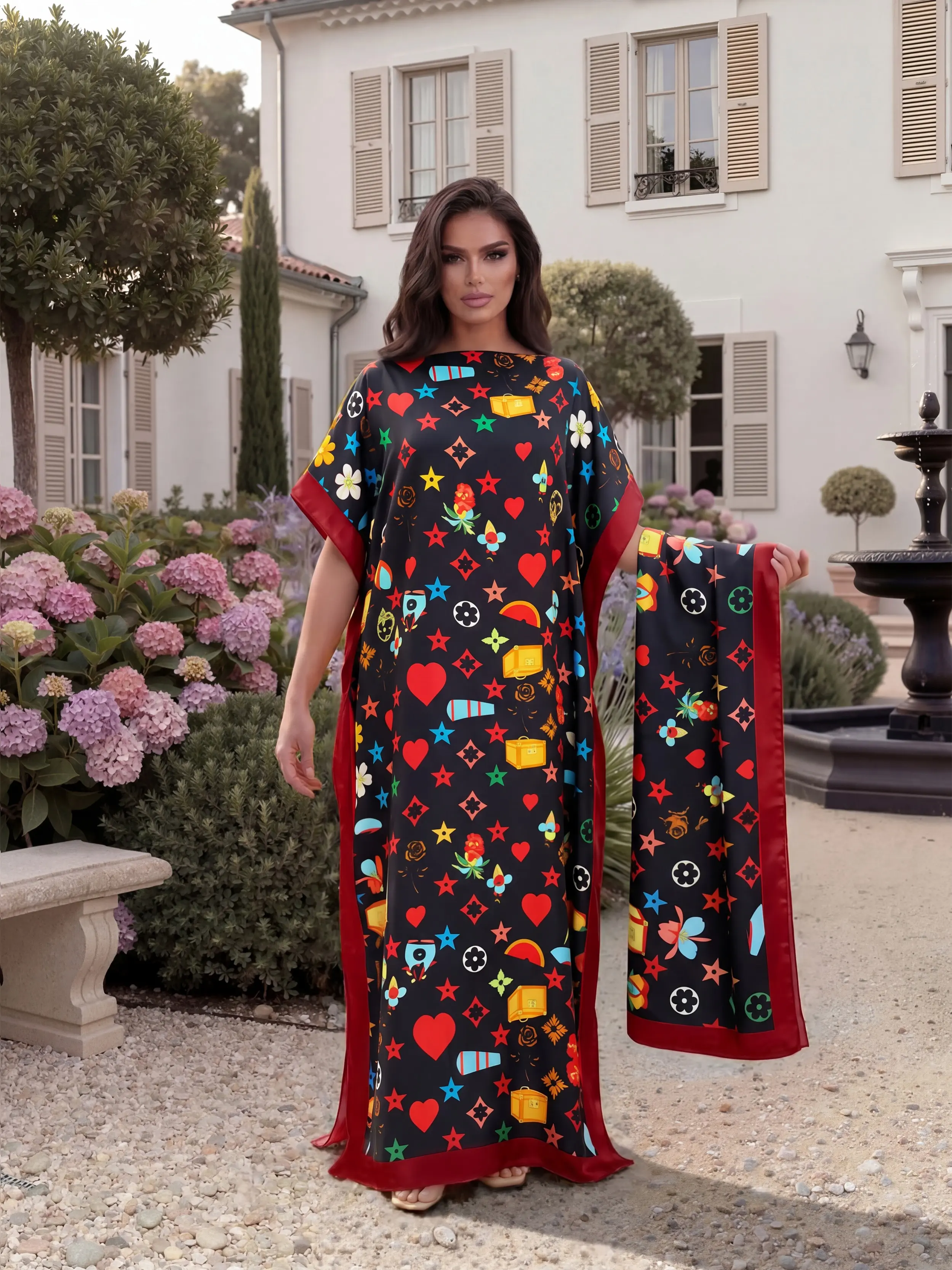 Fashionable Elegant Full-Body Print Robe Set, Moo Moo Long Dress + Headscarf Scarf, Women's Summer Beach Sun Protection Silk Shawl