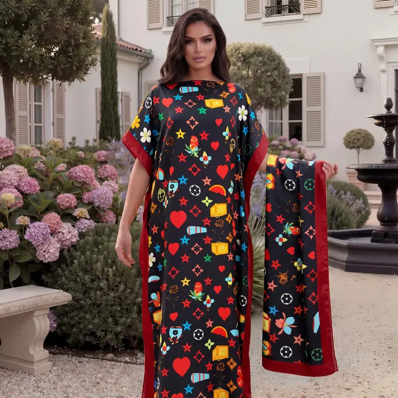Fashionable Elegant Full-Body Print Robe Set, Moo Moo Long Dress + Headscarf Scarf, Women's Beach Sun Protection Silk Shawl