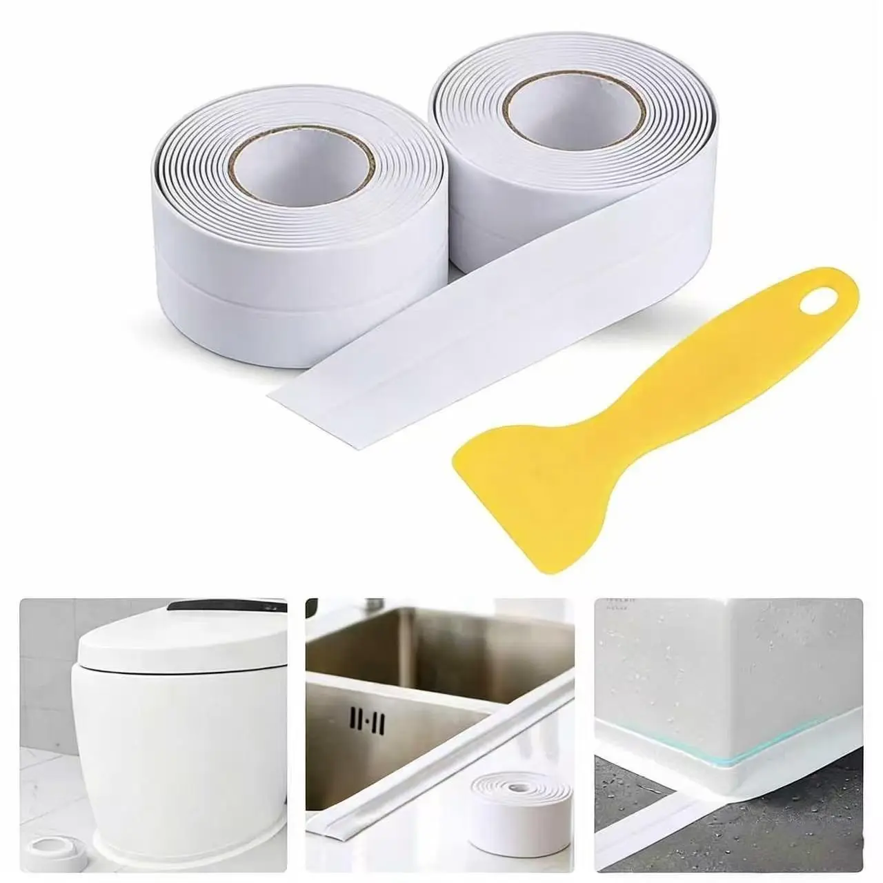 Self Adhesive PVC Caulk Tape with Super Strong Adhesion - 2 Rolls Waterproof Caulk Strips, 38mm (1.5 Inch) Width, Sealing Tool, Traditional Caulking Replacement for Toilet Base, Bathroom Bathtub Edges (Clean Look Finish)