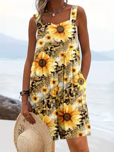 BONBON Summer Casual Resort Style Sunflower Print Short Jumpsuit For Women