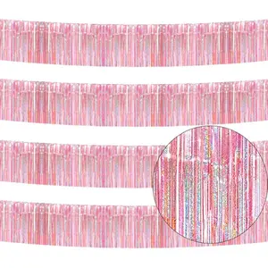 4 Pack Iridescent Pink Total 40 Feet Foil Fringe Garland Metallic Tinsel Banner Wall Hanging Drapes Parade Float Skirting Decorations for Trailer Mardi Gras Party Birthday Wedding