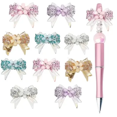10 Pieces Colorful Transparent Cut Synthetic Crystal Bow Beads Set - Pen Charms for Jewelry Making, Office Stationery DIY Supplies for Bracelets, Keychains