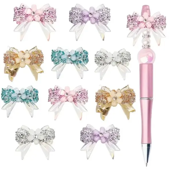 10 Pieces Colorful Transparent Cut Synthetic Crystal Bow Beads Set - Pen Charms for Jewelry Making, Office Stationery DIY Supplies for Bracelets, Keychains