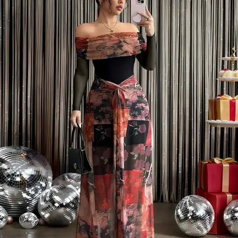 Women's Elegant Floral Print Knit Long Dress, Fashion Fitted Long Sleeve A-Line Dress, Casual Chic Dress for Holiday, Available in Multiple Colors, Womenswear, A Line Dresses