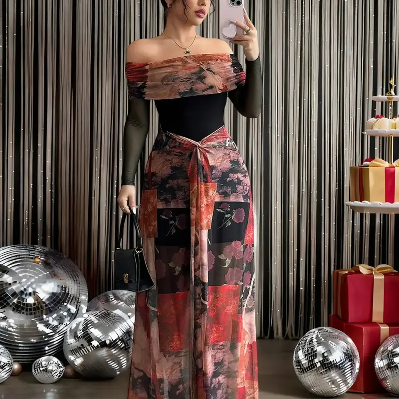Women's Elegant Floral Print Knit Long Dress, Fashion Fitted Long Sleeve A-Line Dress, Casual Chic Dress for Holiday, Available in Multiple Colors, Womenswear, A Line Dresses
