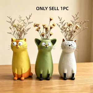 1pc Creative Funny Cat Shaped Resin Vase, Exquisite Desktop Art Ornament, Home Living Room Bedroom Decorations