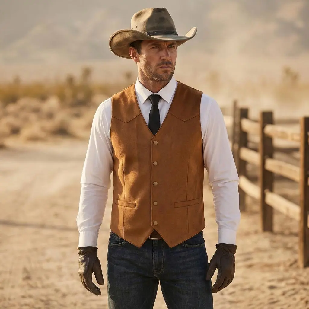 Men's Classic Suede-Like Waistcoat, Vintage Western Sleeveless Gilet, Slim Fit Cowboy Vest for Menswear, Classic Waistcoats & Gilets, Buttons Waistcoats & Gilets