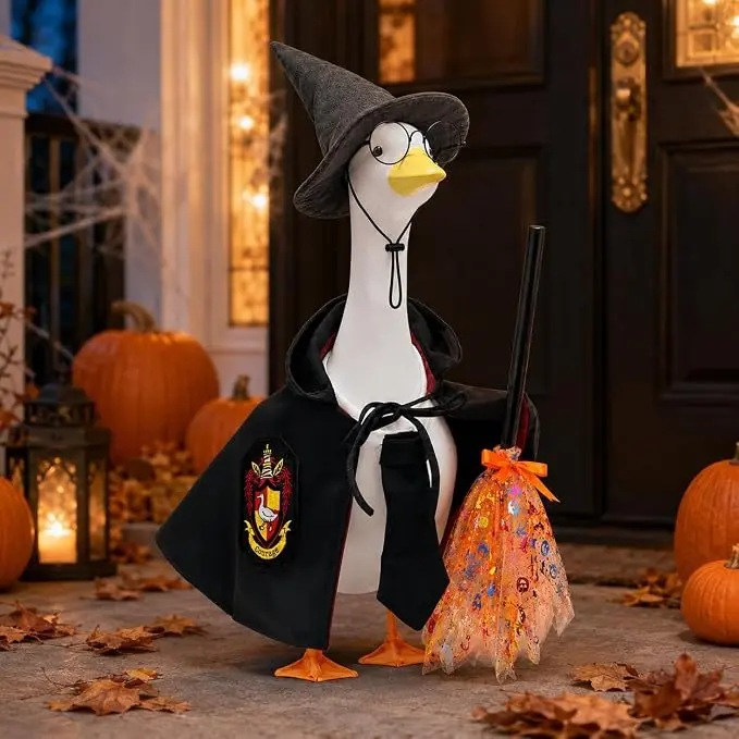 Halloween Outdoor Goose Outfit with Broom and Wizard Hat - Matching Cotton Dressmaking Robe Accessories, Fall Goose Costume