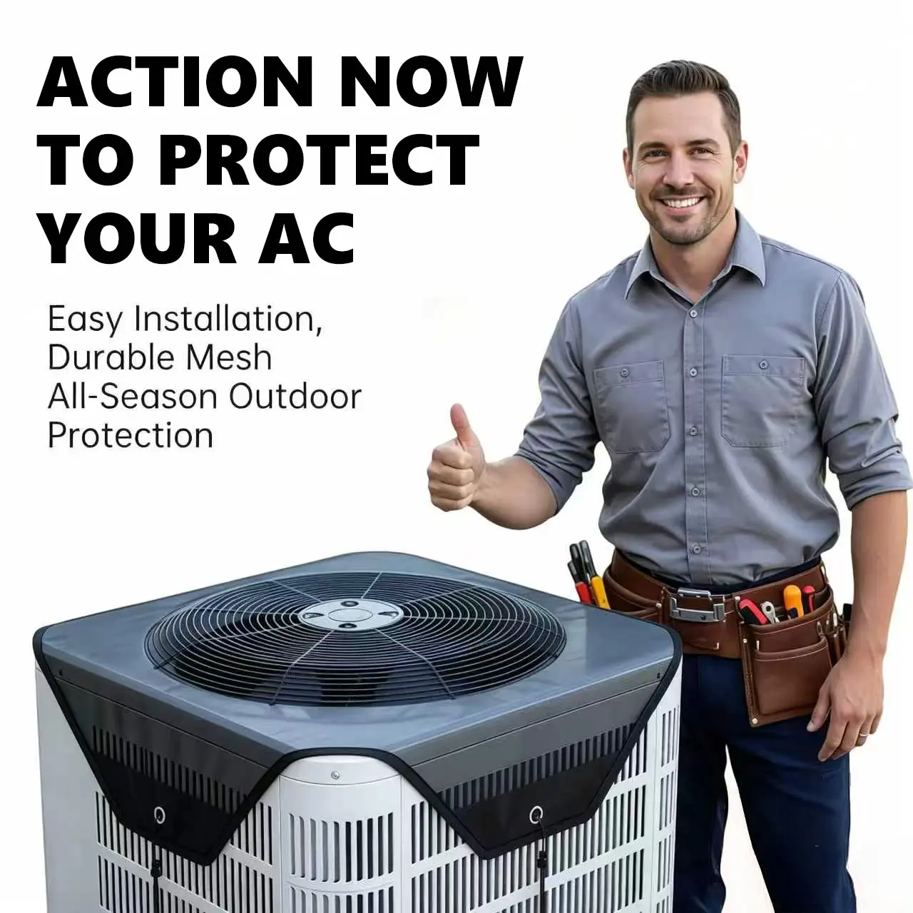 No Assembly Needed AC Unit Top Mesh Guard, Breathable Mesh Air Conditioner Leaf Blocker with Elastic Hook Set, All Year Round Dust & Leaves Prevention Cover Dustproof Outdoor windproof design protection cold conditioner cover