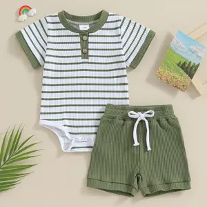 Male and female baby two-piece summer striped ribbed set - short sleeved Henry jumpsuit and drawstring shorts, baby summer casual toddler walking green set (0-18M)