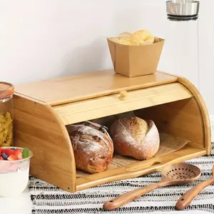 2 Piece Bamboo Bread Box Set, Large Wooden Food Storage Container with Roll Cover, Vintage Storage Box for Biscuits, Muffins, Cupcakes