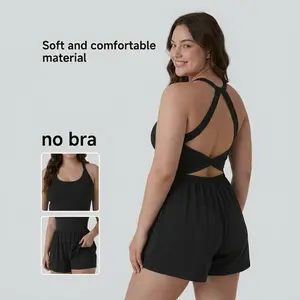 Backless Twisted design Romper with Side Pocket, No Bra! 2-in-1 Resort Romper-Easy Edition with elastic waistband. Sutable For resort、 sport and casual activities, Built-in shorts with open back waistband, Featuring side pockets (Size down Recommendation)