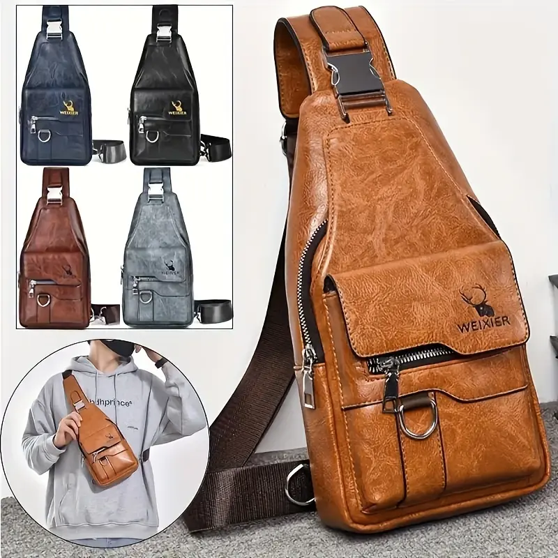 Upgraded new PU leather retro, casual, simple, men's and women's chest bag, outdoor sports, hiking, traveling, large-capacity crossbody bag, multi-functional portable shoulder bag