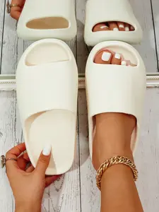 Women's Solid Color Platform Slides, Casual Comfortable Home Slippers, Non-slip Slippers for Indoor & Outdoor Wear, Walking Shoes, Square Toe Slide