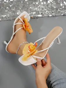 French Summer New Travel Beach Shoes, Floral Decor Elegant Square Toe High Heel Floral Print Sandals, Women's Outdoor Fashion, Perfect for Dates, Commuting, Parties