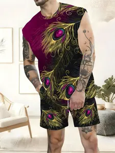 Men's Sleeveless Peacock Feather Print Summer Casual Set