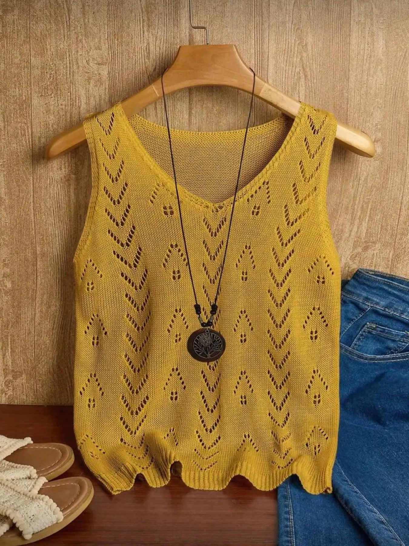 Summer Ice Silk Hollow Out Sleeveless Pullover Vest, Fashion Casual Loose Fit Knit Outerwear, Beach Vacation Style Tops