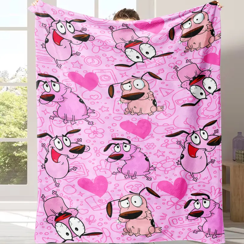 Retro Courage the Cowardly Dog Pink Doodle Heart Cartoon Fleece Blanket Anti Pilling Skin Friendly Warm Light Cover Ideal For Teen Girls College Dorm Anime Watch Night Camping Travel Cute Cartoon Fan Decor Throw Blanket