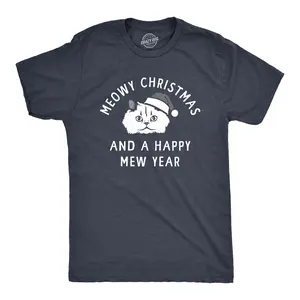 Mens Meowy Christmas and A Happy Mew Year T Shirt Funny Xmas Kitten Lovers Tee for Guys Mens Funny T Shirts Cool Vintage Fashion T-Shirt Gift Classic Menswear Christmas Apparel for Men Funny Cat Short Sleeve Navy -