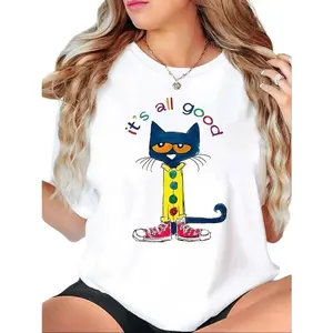 Women's Cartoon Cat & Letter Print Round Neck Tee, Fashion Casual Crew Neck T-Shirt for Daily Holiday Vacation Outdoor Wear Cotton Fabric
