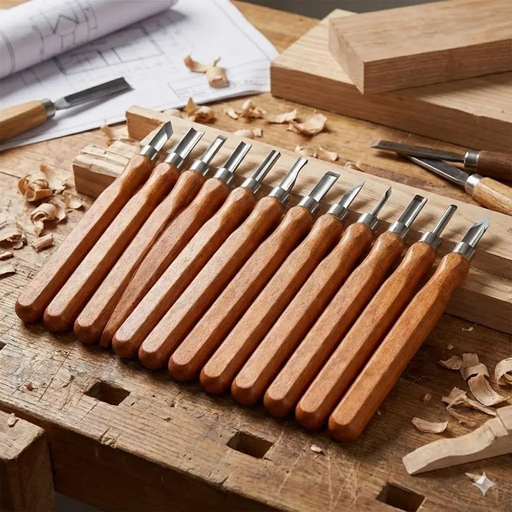 12-Piece High Carbon Steel Wood Carving Tools Set with Non-Slip Handles, Portable Woodworking Kit, Carpentry Tools for Beginners & Professionals, Precision Engraving Chisels in Canvas Bag for DIY Wood Projects