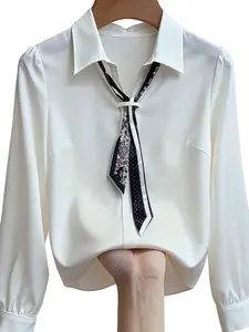 Women's Classic Blouse Shirt with Decorative Tie, Long Sleeve, Pointed Collar, Traditional Button Front, Comfortable Fit, All Seasons for her