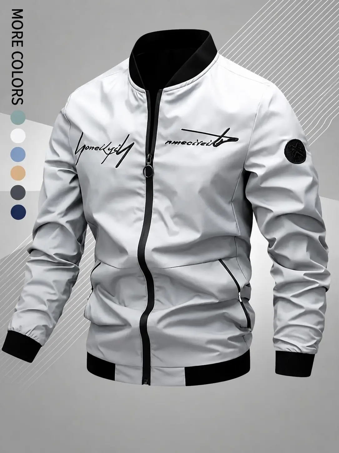 Men's Streetwear Bomber Jacket with Minimalist Graphic - Long Sleeve Coat with Custom Fit and Contrast Collar, Menswear, Coats, Hem, Longsleeves, Elastic Cuffs, Casual, Do Not Dry Clean