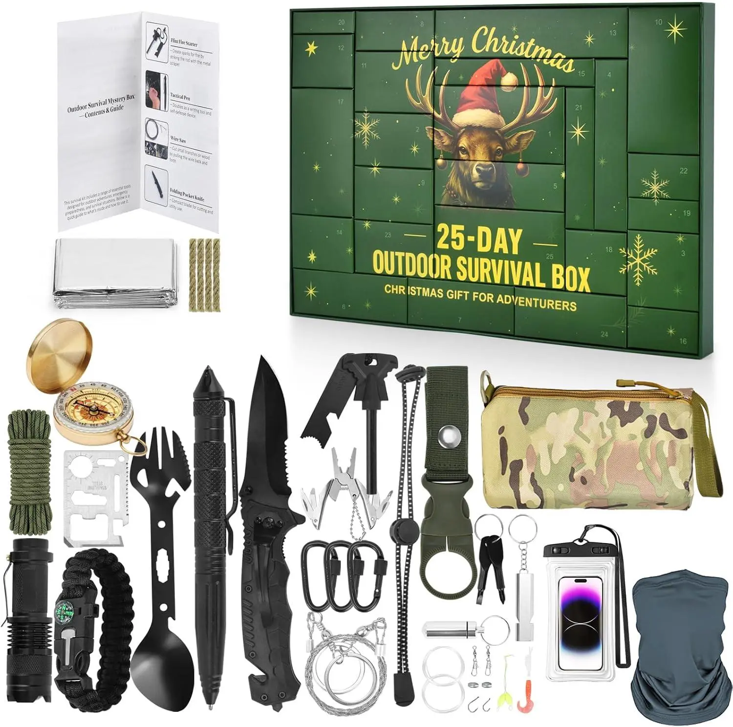 17-Piece Survival Kit with Gear & Supplies in a Survival Case, Mens Gifts for Adult Men – 2025 Xmas Holiday Surprise for Fishing, Camping Outdoor Adventures