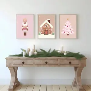 3pcs Cute Christmas Theme Canvas Paintings with Wooden Frame, Children Room Decorations, Kawaii Nutcracker Tree Wall Art