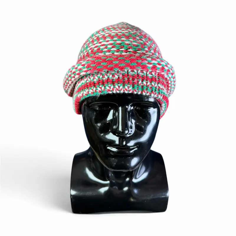 Christmas Special Chapeau Handmade Beanie Hat Knitted in Festive Red Green and White Stripes