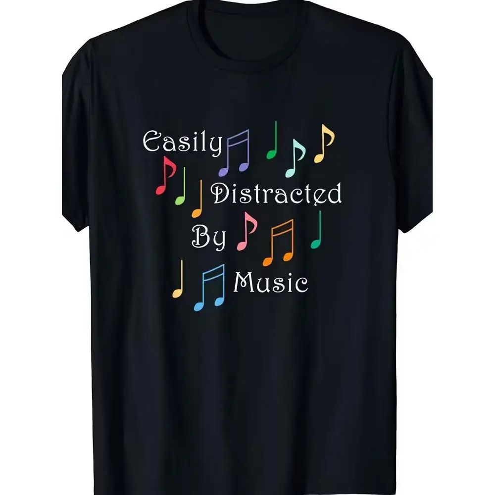 Easily Distracted By Music Graphic T-Shirt, Vintage Music Note Print Tee, Colorful Casual Crew Neck Shirt