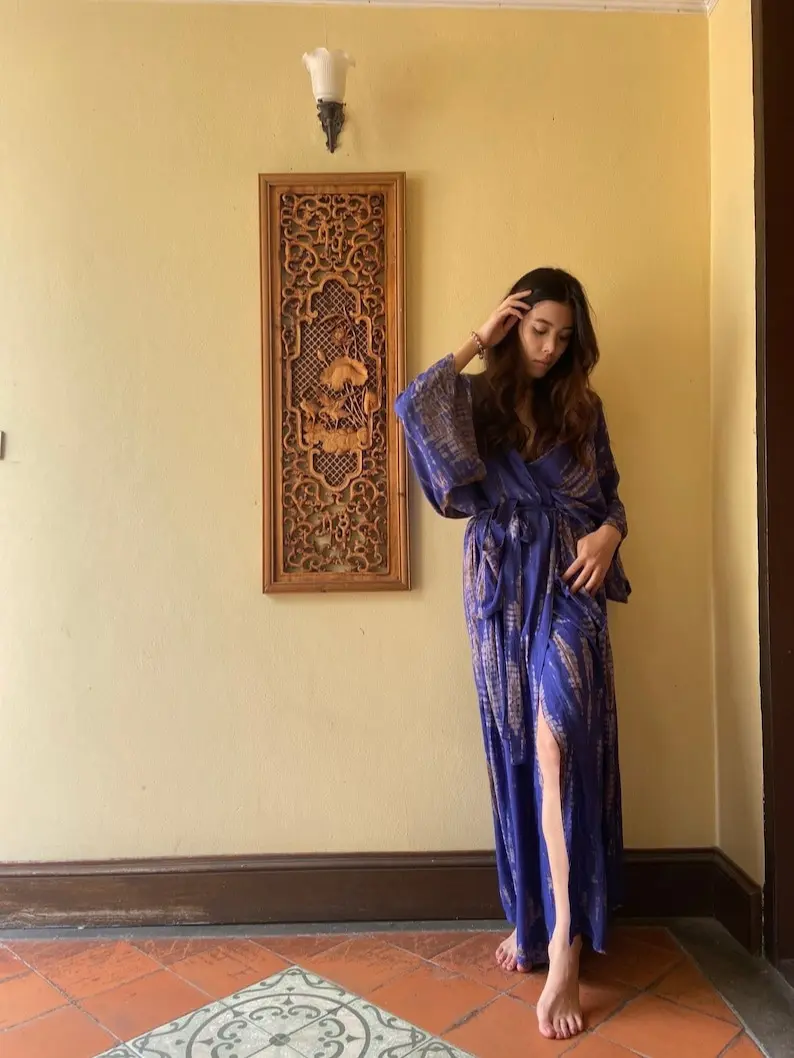 Tie dye long kimono robe, Oversized Long Kimono, boho kimono dress, hippie  robe, purple blue Long kimono robe gift for her - TikTok Shop