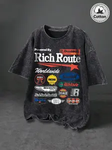 Men's Racing Style Graphic Print Patchwork T-Shirt, Loose Oversized Short Sleeve, Casual Streetwear, Vintage Washed Look, Unisex Fit