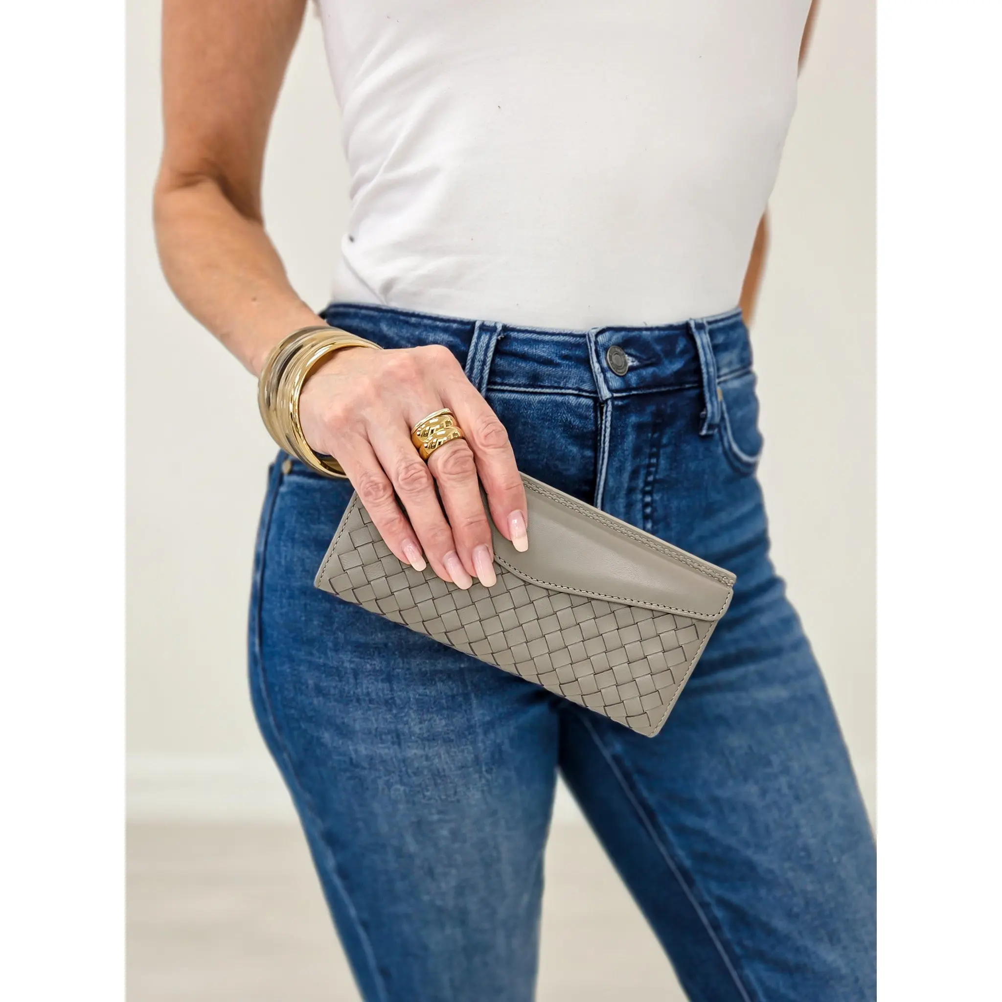 Thin Woven Handmade Leather Wallet- Grey
